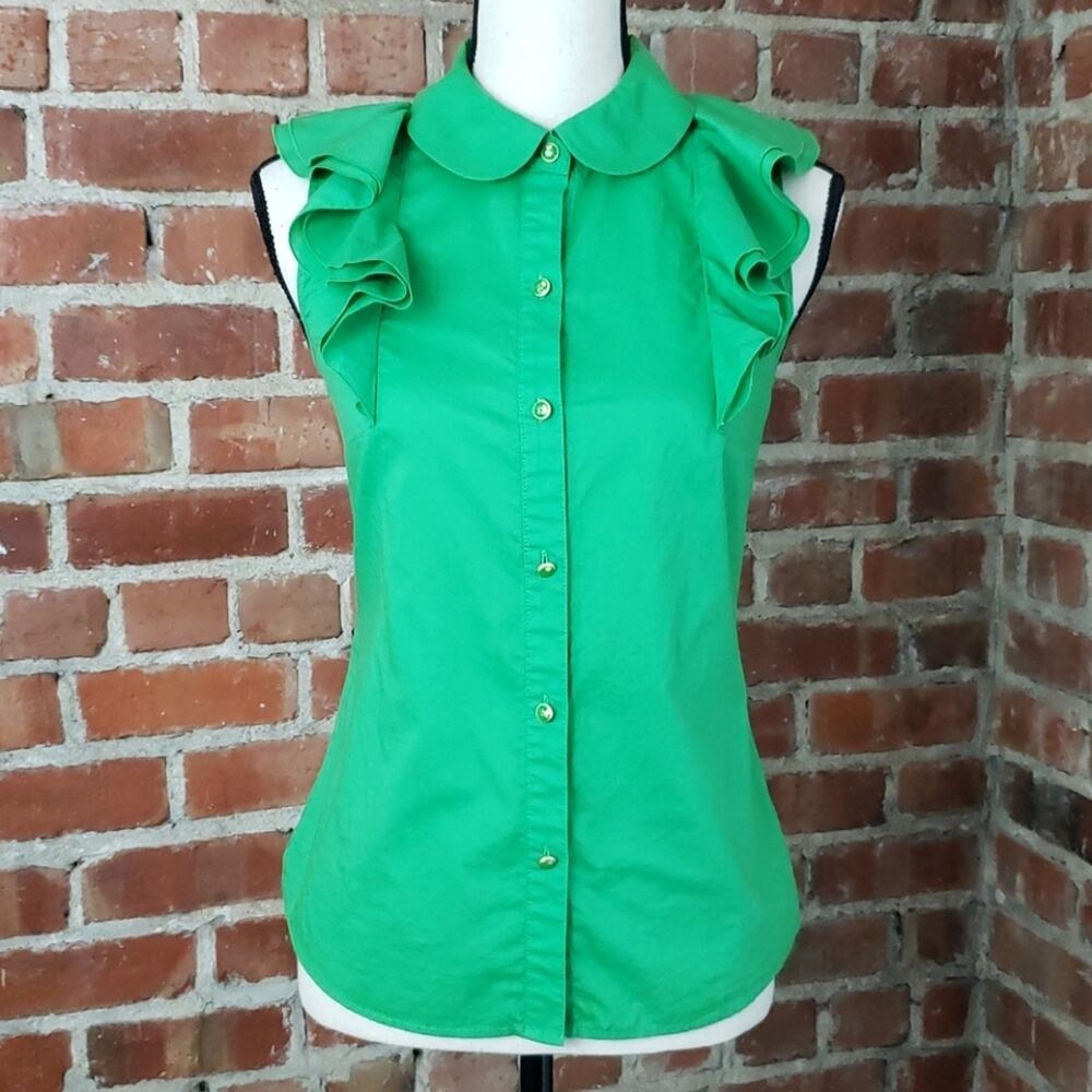 Juicy Couture Womens Cotton Green Sleeveless Ruffled Button Up Shirt‎ 0